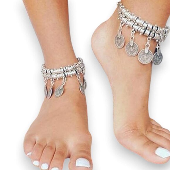Vintage Boho Silver Tassel Charming Coin Bracelet Anklet NEW - Picture 3 of 4